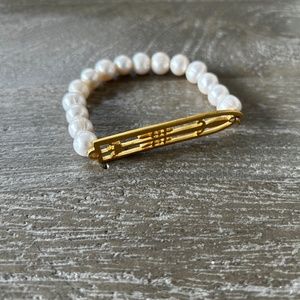 French Kande White Freshwater Pearl w/24k Gold Plated Sword and Crown Bracelet